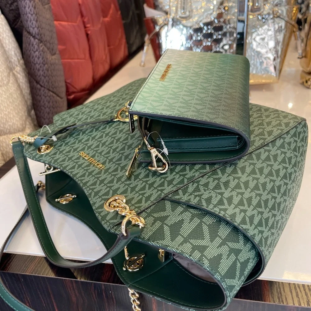 MICHAEL KORS JST Lg Chain Shoulder Tote & Double Zip Wristlet Wallet 
Moss 
NWT - Picture 12 of 16